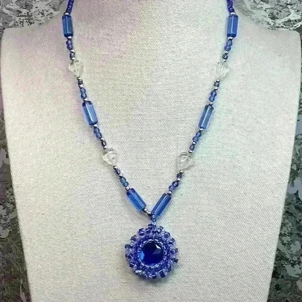 Vintage Blue Glass Necklace with Pendant and Clear Leaf Glass Beads
